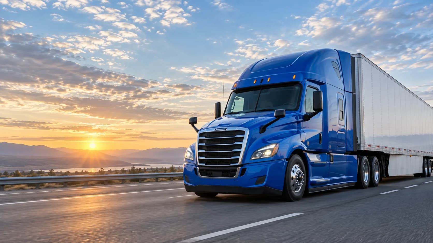 Blue semi truck hauling a white trailer on a highway at sunrise