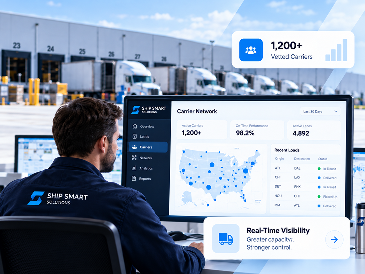 Ship Smart Solutions carrier network dashboard overlooking a fleet of trucks
