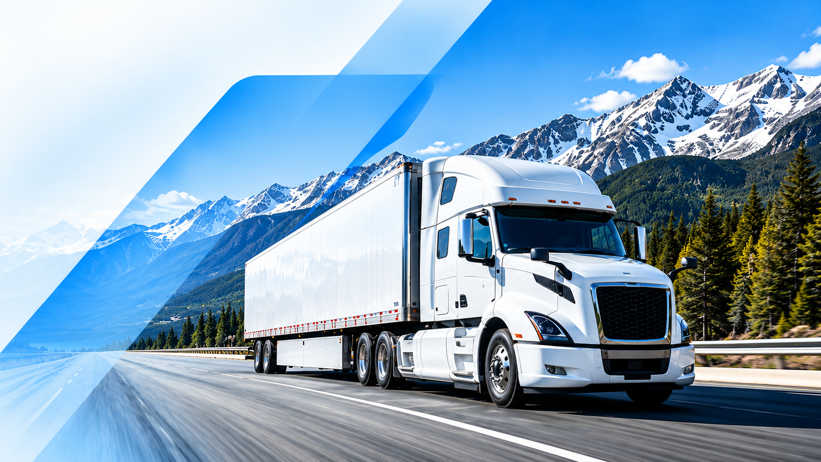 White freight truck traveling through a mountain valley